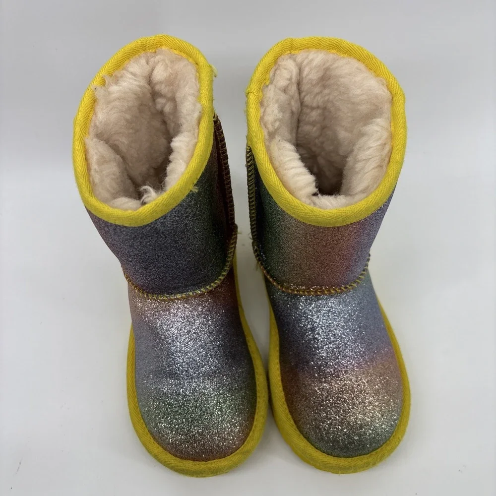 UGG Little Girl 10 Rainbow Glitter Yellow Trim Classic Short Shearling Fur Lined